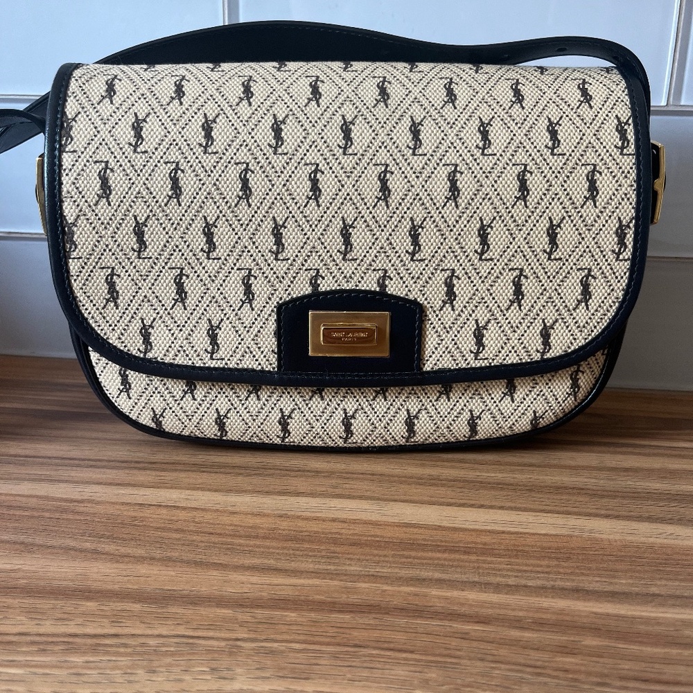 Yves Saint Laurent black and light tan canvas and leather purse